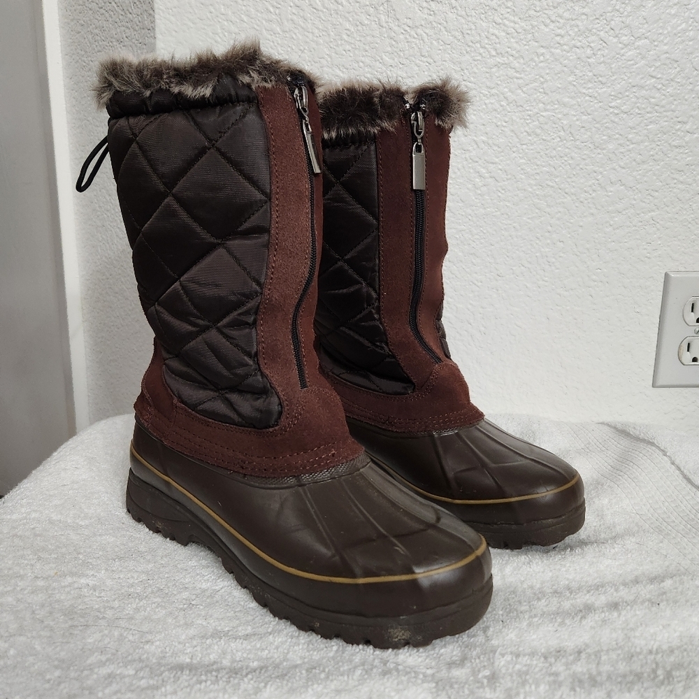 Khombu Brown Quilted Faux-Fur Winter Rain Boots